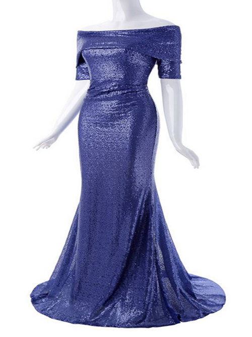 Mermaid Off Shoulder Brush Train Sequins Matric Dress