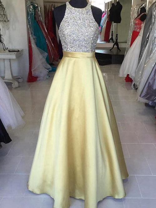 A-line Jewel Floor Length Satin Matric Dress Beading