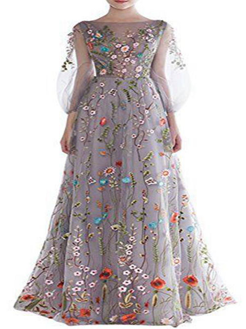 A-line Sheer Floor Length Organza Floral Matric Dress