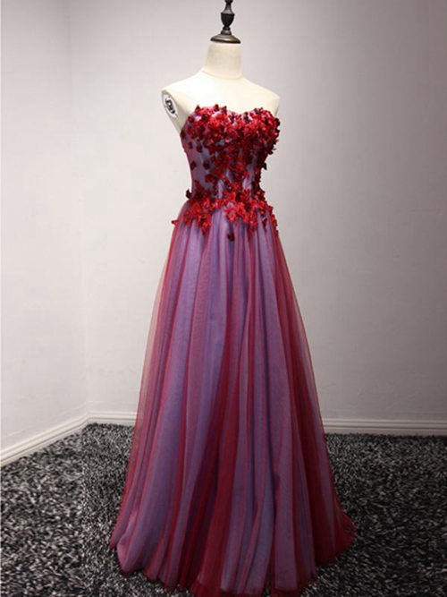 A-line Sweetheart Floor Length Chiffon Tulle Matric Dress Appliq