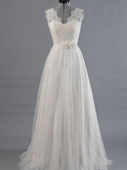 A-line V Neck Tulle Lace Long Matric Dress