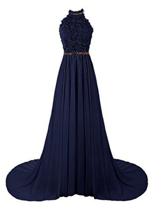 A-line Jewel Chiffon Lace Long Matric Dress