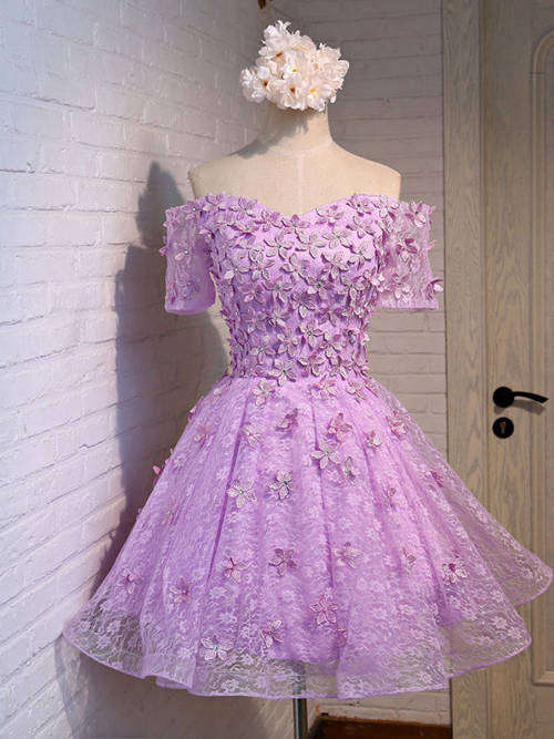 A-line Off Shoulder Short Lace Matric Dress Applique