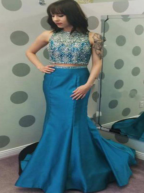 Mermaid Jewel Satin 2 Pieces Matric Dress Beading
