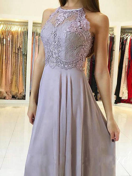 A-line Jewel Floor Length Chiffon Lace Matric Dress