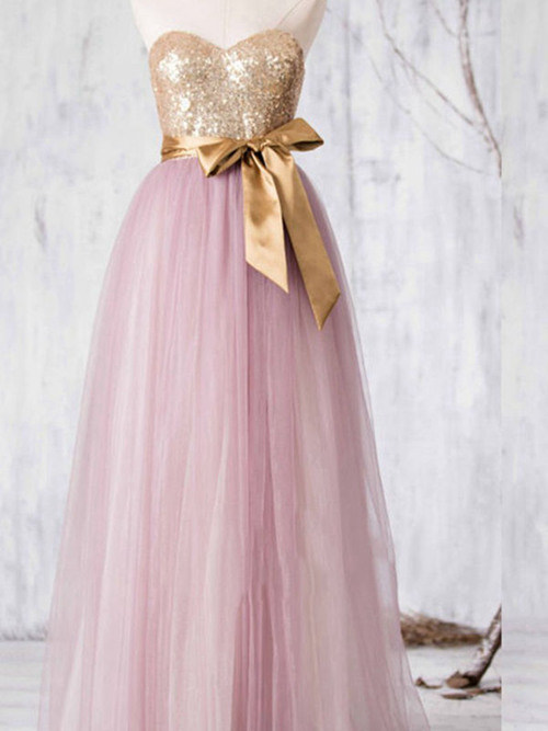 A-line Sweetheart Floor Length Tulle Sequins Matric Dress Bowkno