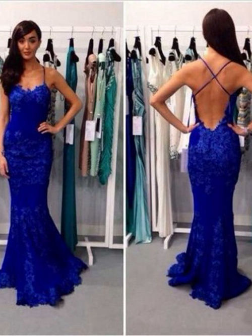 Mermaid Spaghetti Straps Floor Length Lace Matric Dress