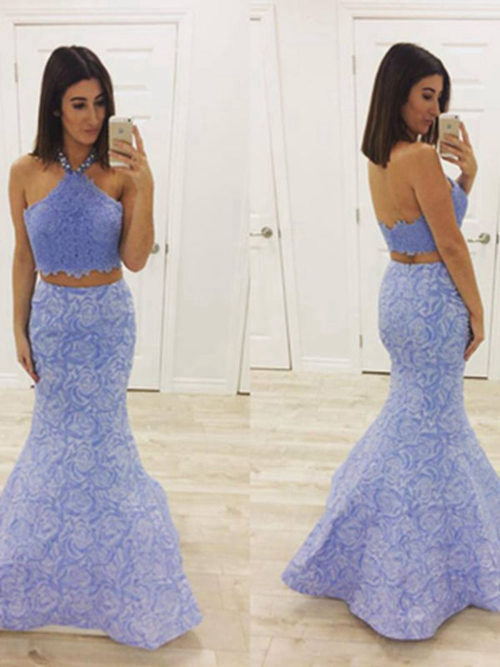 Mermaid Halter Floor Length Lace 2 Piece Matric Dress