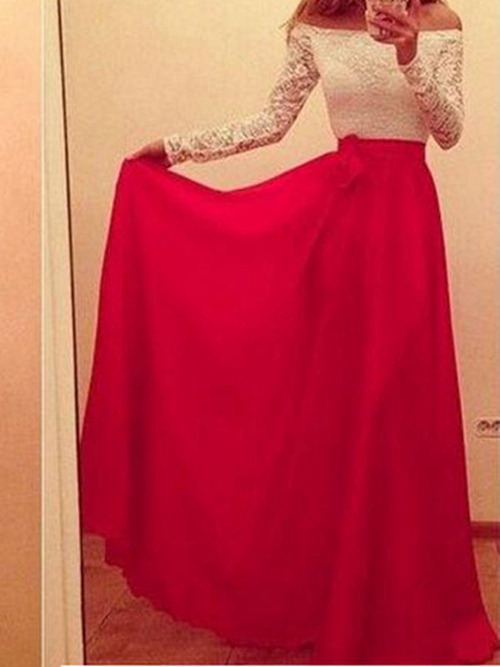 A-line Off Shoulder Floor Length Chiffon Lace Matric Dress