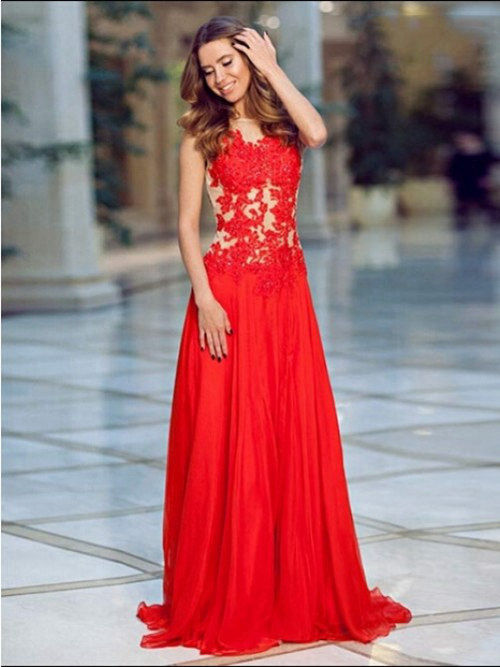 A-line Sheer Chiffon Red Matric Dress Applique