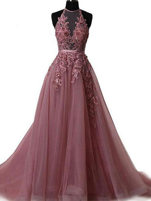 A-line Sheer Tulle Prom Dress Appliques