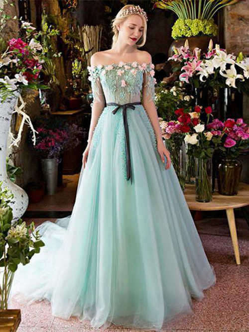 A-line Off Shoulder Tulle Prom Gown Appliques