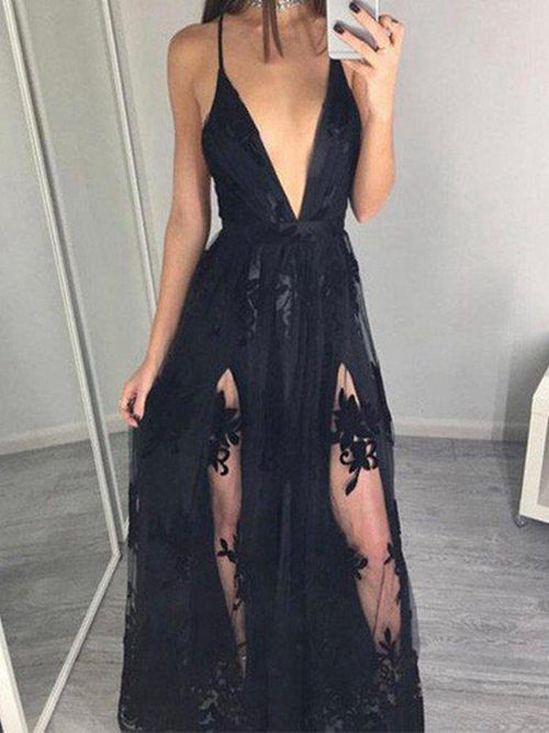 A-line Spaghetti Straps Lace Black Matric Dress
