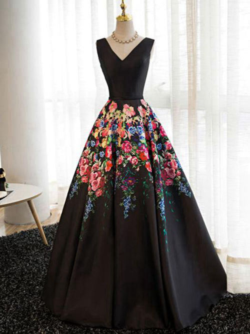 A-line V Neck Satin Floral Matric Dress