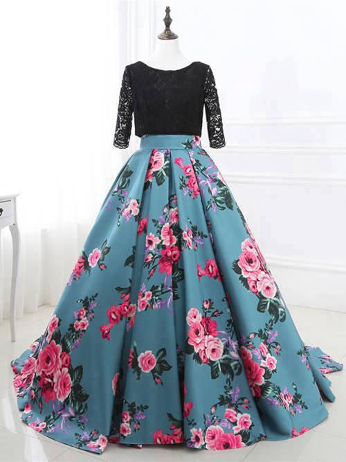 A-line Scoop Lace Sleeves Satin Floral Matric Dress