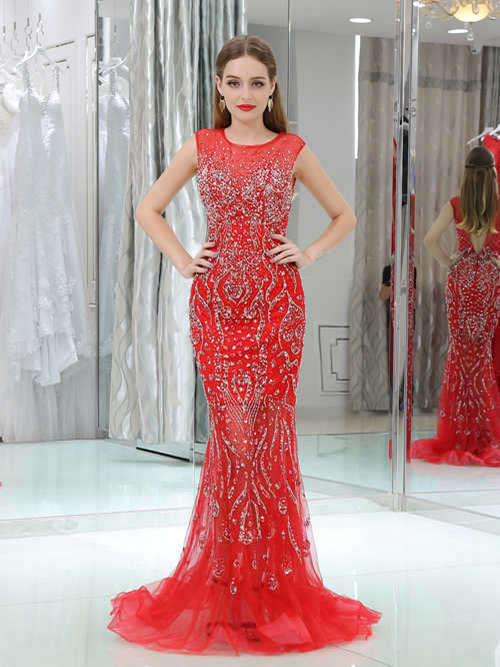 Mermaid Jewel Tulle Red Matric Dress Beads