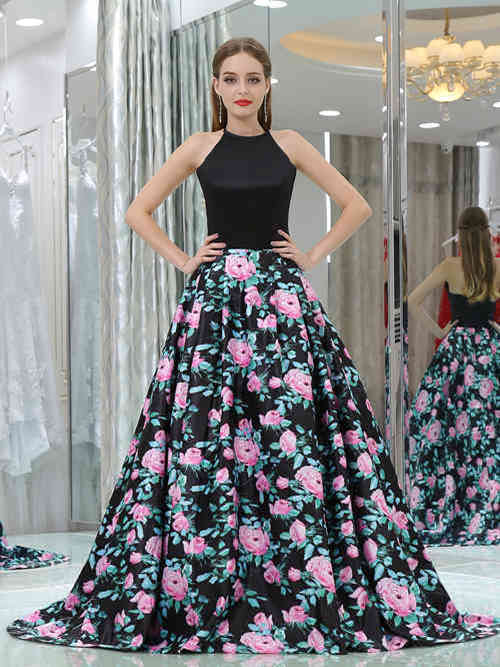 A-line Jewel Satin Floral Prom Dress