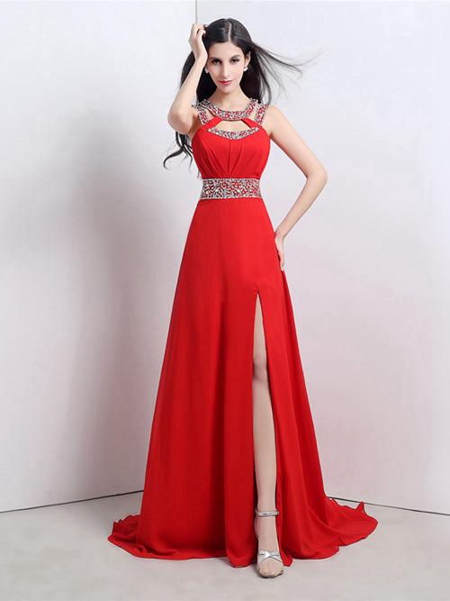 A-line Halter Satin Red Matric Dress Sequins