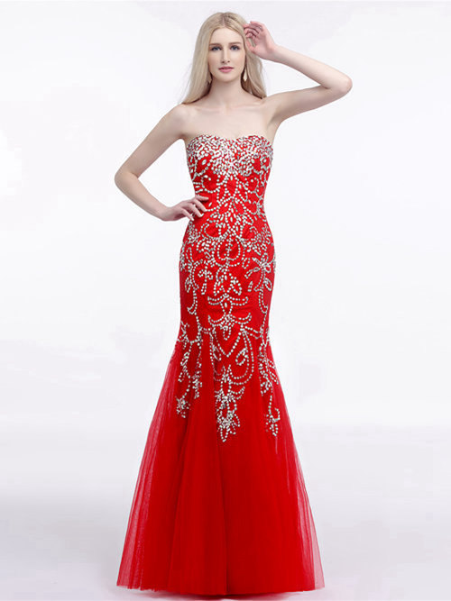 Mermaid Sweetheart Tulle Red Prom Dress Beads