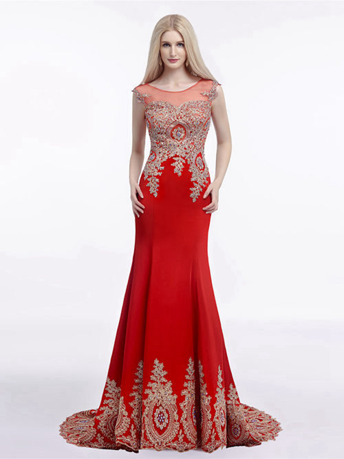 Stunning Mermaid Sheer Satin Matric Dress Applique