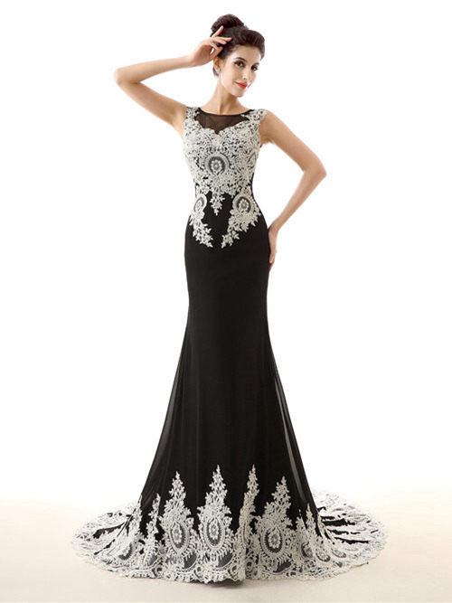 Mermaid Sheer Tulle Black Matric Dress Applique