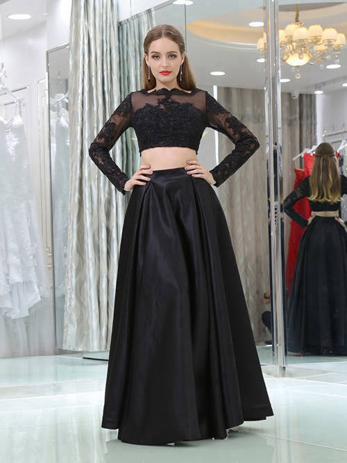 Two Pieces Lace Sleeves Satin Black Matric Dress