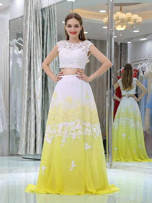2 Piece Chiffon Lace Ombre Yellow Matric Dress