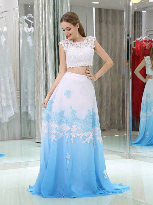 2 Piece Chiffon Lace Ombre Blue Prom Gown