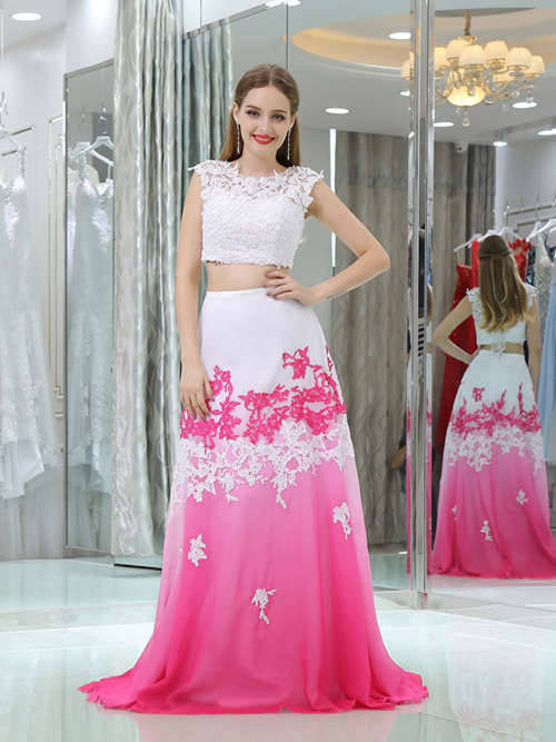 2 Piece Lace Chiffon Ombre Red Prom Dress