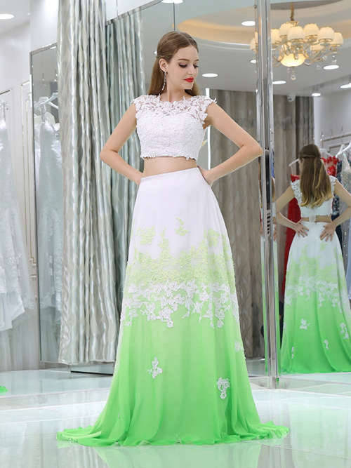 2 Piece Lace Chiffon Ombre Green Formal Dress