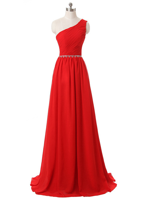 A-line One Shoudler Chiffon Red Matric Dress Beads