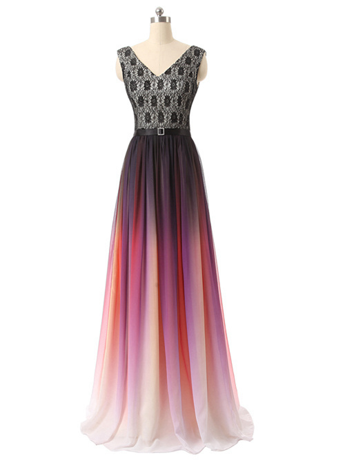 A-line V Neck Lace Chiffon Ombre Matric Dress