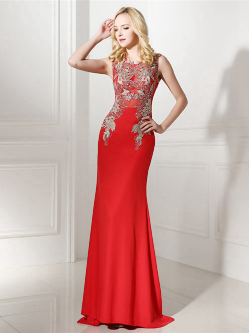 Mermaid Jewel Satin Red Matric Dress Applique