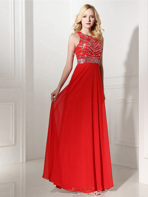 A-line Jewel Chiffon Red Matric Dress Beads