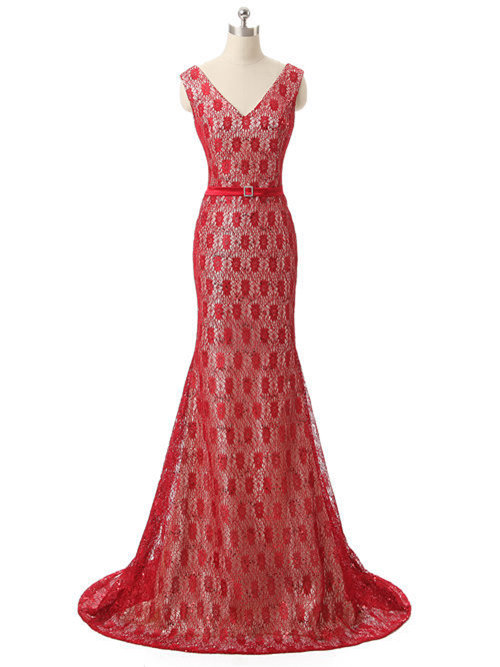 Mermaid V Neck Lace Red Matric Farewell Dress