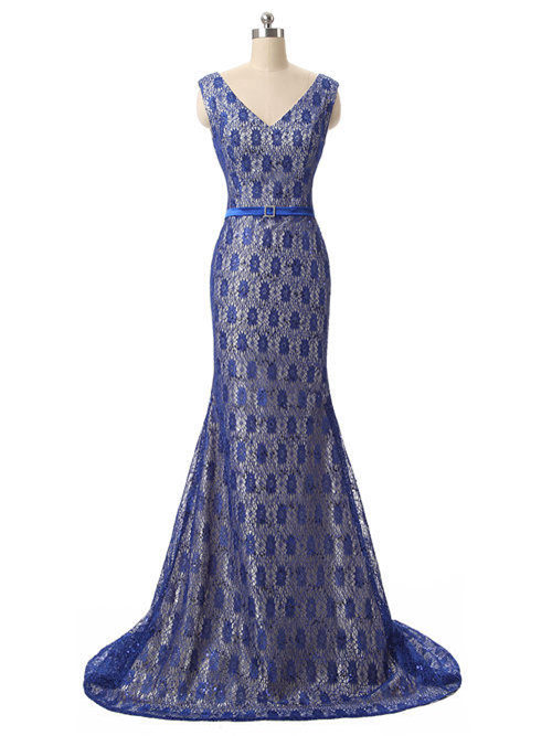 Mermaid V Neck Lace Blue Matric Farewell Dress