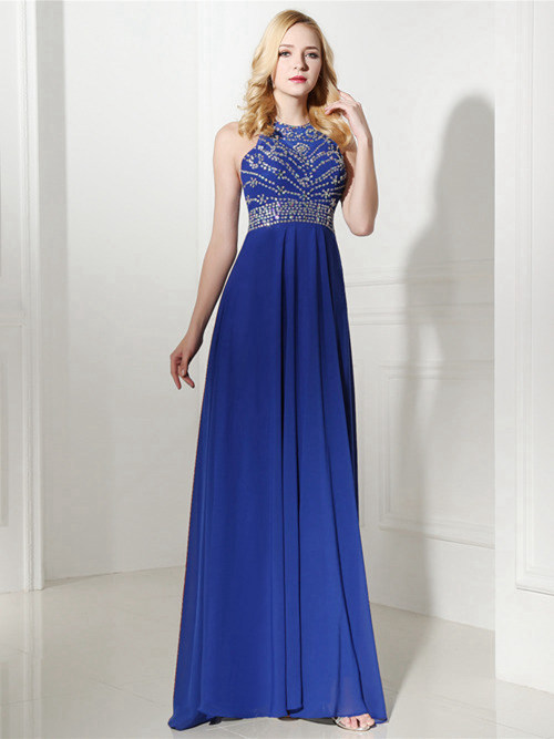 A-line Jewel Chiffon Blue Matric Dance Dress Beads