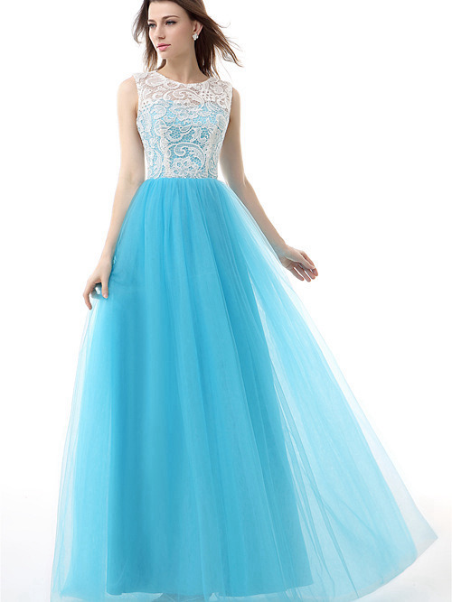 A-line Jewel Tulle Lace Prom Dress