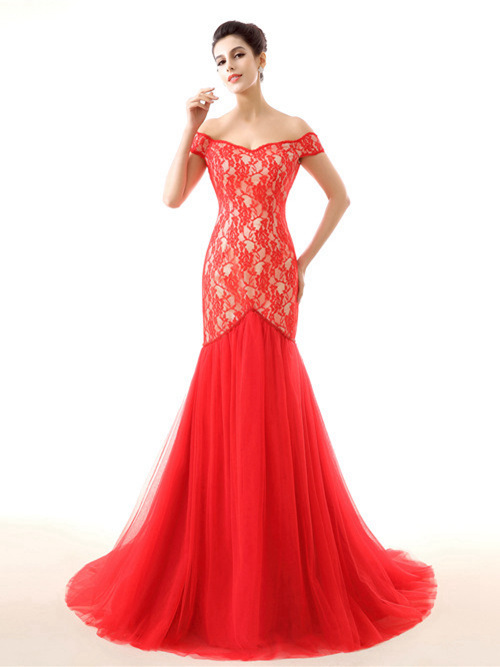 Mermaid Off Shoulder Lace Tulle Red Matric Dress