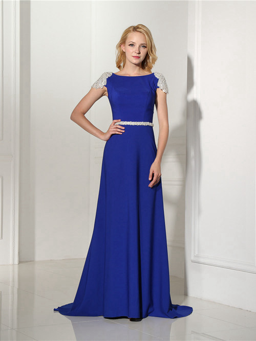A-line Bateau Satin Blue Matric Dress Applique