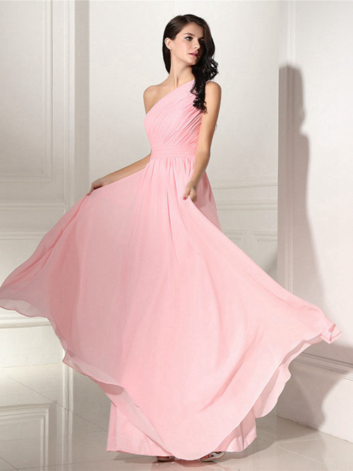A-line One Shoudler Chiffon Pink Matric Dress