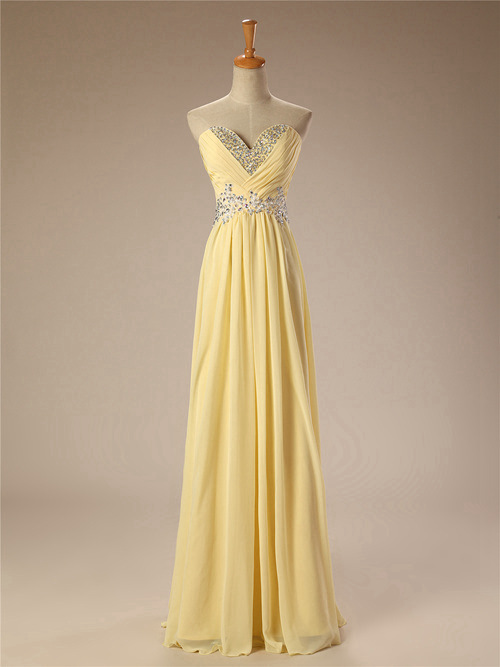A-line Sweetheart Chiffon Yellow Matric Dress Beads