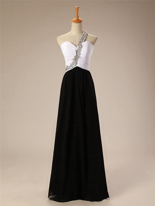 A-line One Shoulder Chiffon Black White Dress Beads