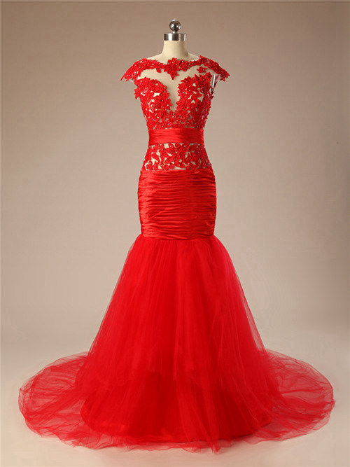 Mermaid Sheer Tulle Red Matric Dress Applique