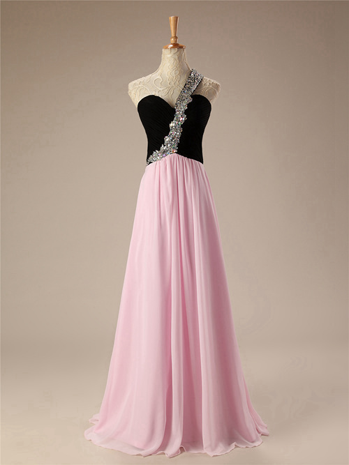 A-line One Shoulder Chiffon Black Pink Matric Dress Beads