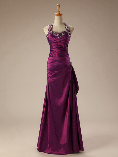 A-line Halter Satin Purple Matric Dance Dress Beads