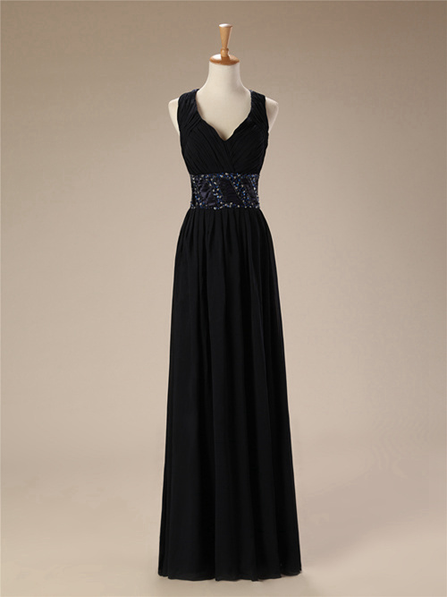 A-line Straps Chiffon Black Matric Dress Beads