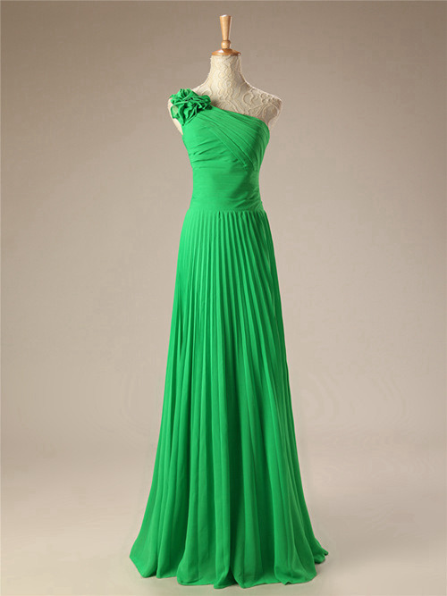A-line One Shoulder Green Matric Farewell Dress Ruched