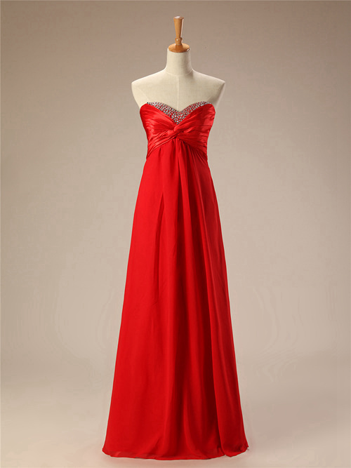 Empire Sweetheart Chiffon Red Prom Dress Beads