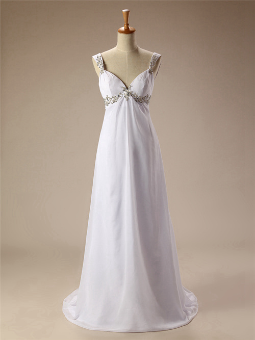 A-line Straps Chiffon White Matric Dress Beads